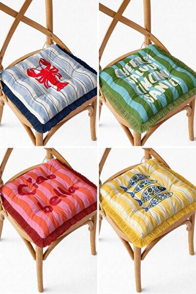 IdeCraft Set of 4 Fringed Fish Lobster Ciao Bella Patterned Striped Puffy Cha...