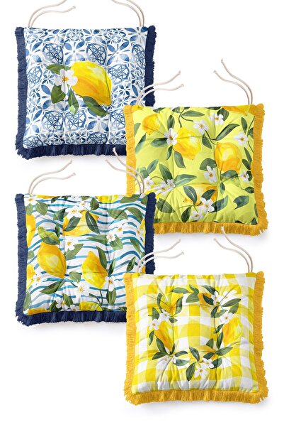 IdeCraft Set of 4 Mediterranean Lemon Flower Motif Striped Fringed Lace-Up Pu...