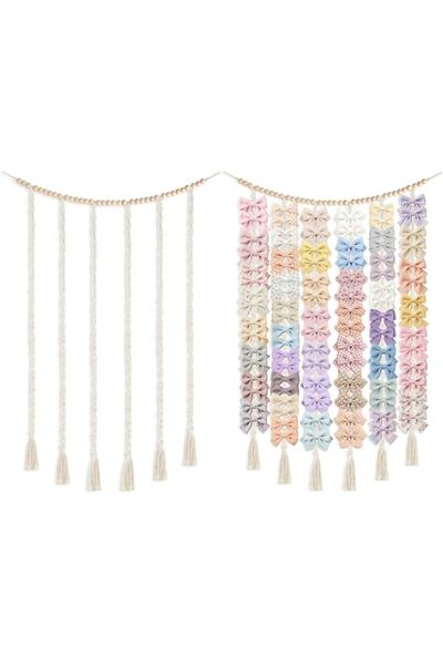 Generic Hair Bow Organizer for Baby Girls Boho Hanging Bow Holder with Wood B...
