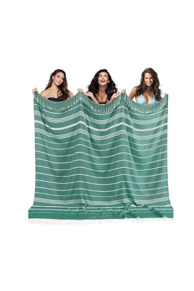 Generic Turkish Beach Blanket, Large Striped Cotton Throw, Green and White, M...
