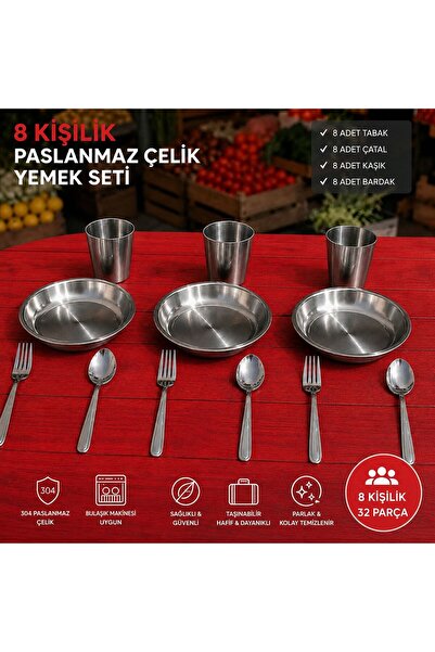 Metler 8 Kişilik 32 Parça Paslanmaz Çelik Yemek Seti Tabak Bardak Çatal Kaşık...