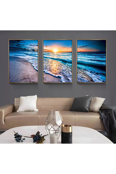 EMYA HOME Set de 3 tablouri pe pânză cu cadru metalic auriu, tematică mare și...
