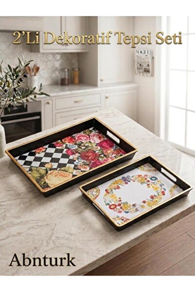 abnturk 2'Li Dekoratif Şık Tasarımlı Plastik Tepsi Seti 30x22cm 43x29cm (Dese...
