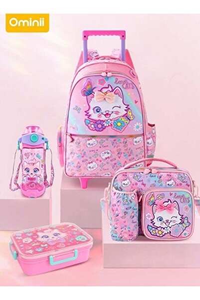 Ominii 4PCS Rolling School Backpack Set for Girls, Pink Cat Design with Lunch...