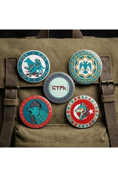 Fikart Bozkurt Göktürkçe Türk Ay Yıldız Özel Set 5'li Paket 58mm Buton Rozeti...