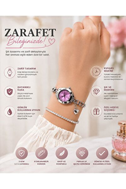 Generic Brand Women's Wristwatch Pink Dial Silver Color Heart Detailed Metal ...