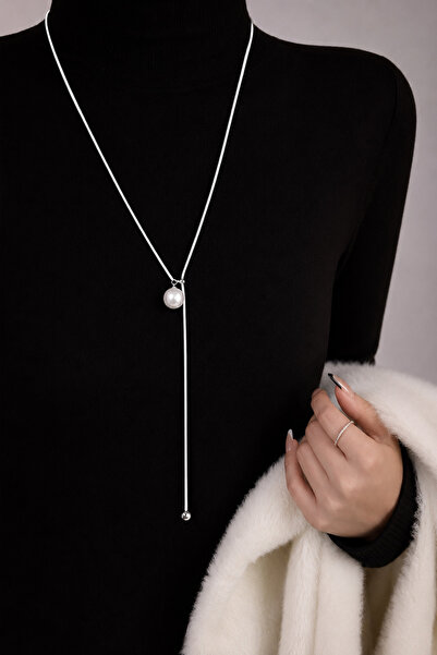 THE Steel Silver Color Pearl Detailed Long Dangle Women's Necklace