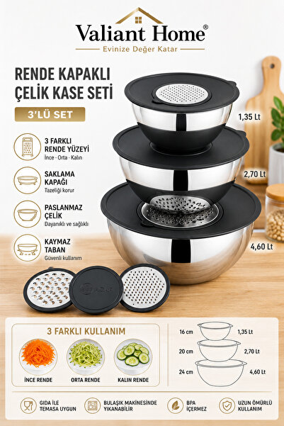 Genel Markalar 9 parça rendeli karıştırma ve saklama kabı (16-20-24 cm)