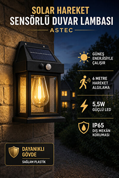 ASTEC Solar Hareket Sensörlü Duvar Lambası 20W IP65 Güneş Enerjili Bahçe Apliği Gün Işığı