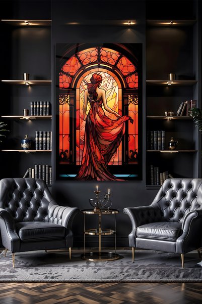 AltmışAltı Vitray Kırmızı Kadın Figürlü Salon Ve Yatak Odası İçin Şık Cam Tablo