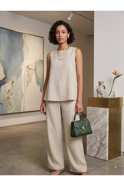 Cream&Rouge Linen Bizon Arwen Line Patterned Cream Blouse and Trousers Set