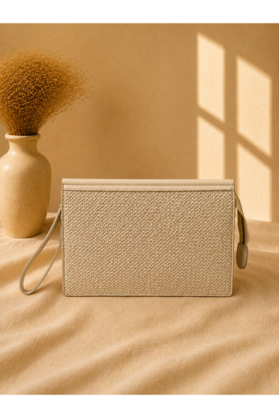 Marka Kadın Bej Hasır Dokulu Clutch El Çantası