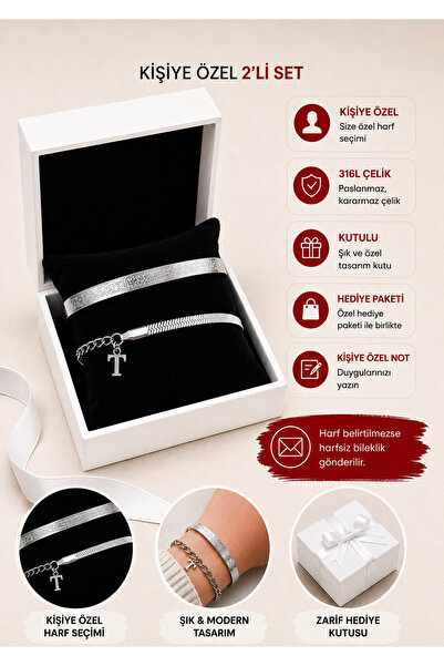 Miyoste Silver Color Ayetel Kürsi Bracelet and Steel Bracelet with Italian Le...