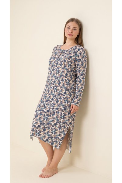 Arzey Floral Patterned Viscose Half Placket Button Detailed Long Sleeve Plus ...