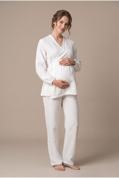 Pelin Women's Ecru Muslin Cotton Fabric Long Sleeve Double Breasted Collar Br...