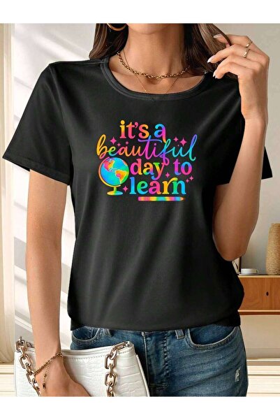 k222 A Day Of Study Ladies, Short-Sleeved, Patterned Printed Round-Neck-Shirt...
