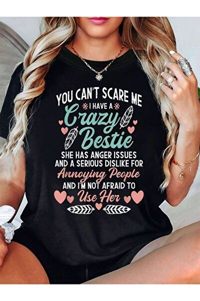 25W Oversized Loose Fit, Flat Print Backed By A Crazy Bestie Letter T-Shirt, ...