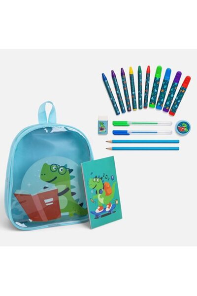 OEM Set Scolar Bleu cu Ghiozdan Dinozaur & Accesorii - 18 piese