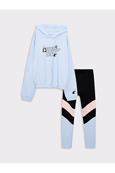 LC Waikiki Hooded Printed Long Sleeve Girl Sweatshirt and Tights
