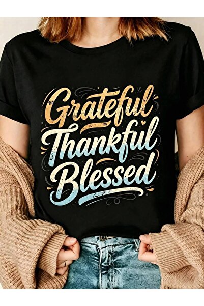 21JNRY تي شيرت نسائي عتيق الطراز بتصميم "Grateful Thankful Blessed" هدية لعيد...