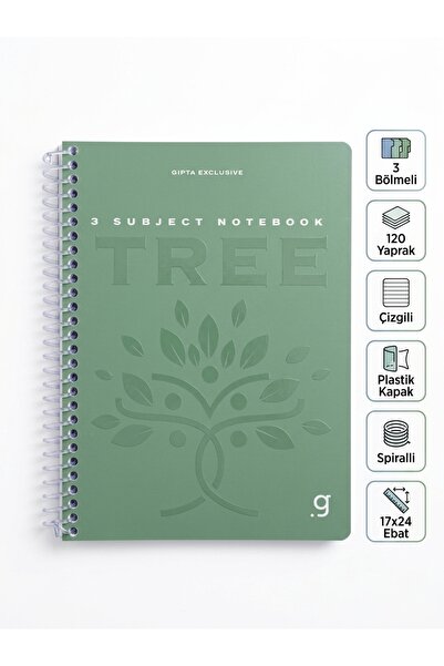 Gıpta Exclusive Tree Spiralli Plastik Kapak 3 Bölmeli 120 Yaprak 17x24 Çizgil...