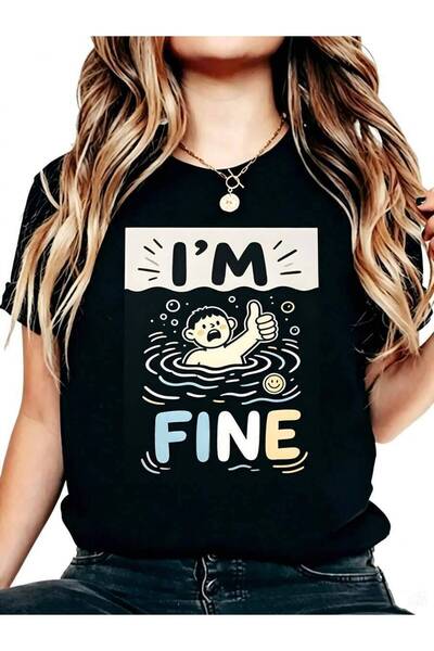 9JY تي شيرت نسائي كاجوال مضحك برسومات كرتونية مطبوع عليها I'm Fine، هدية للار...