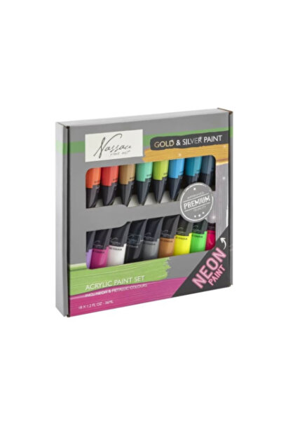 Nassau fine art Set de vopsele acrilice neon și metalice 18 culori x 36ml