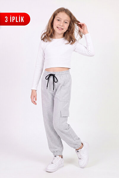 FYK KİDS Girl's 3 Thread Kangaroo Pocket Plain Jogger Sweatpants