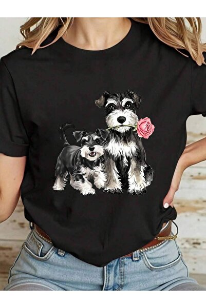 21JNRY Oversized Women's‑Shirt 2pcs Cute Schnauzer Pet Pattern Print Crew Nec...