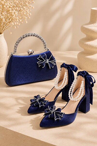 Ludira Navy Blue Milano Fabric Bow Detail 7 cm Heeled Elegant Shoes and Bow E...
