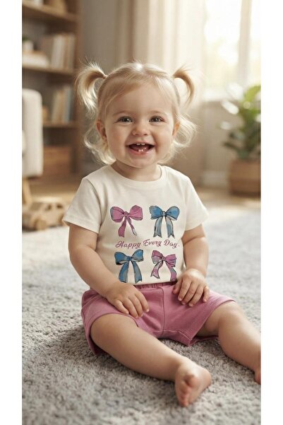 Sinem Çeyiz Bıcır 0058 Girl's Bowknot Combed Cotton Shorts Set