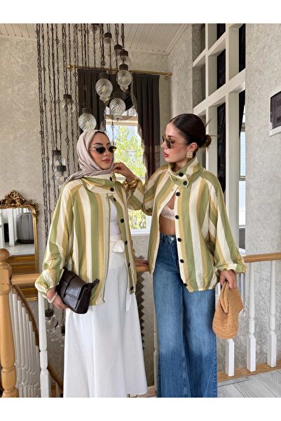YK FASHION Dik Yaka Çizgili Gömlek
