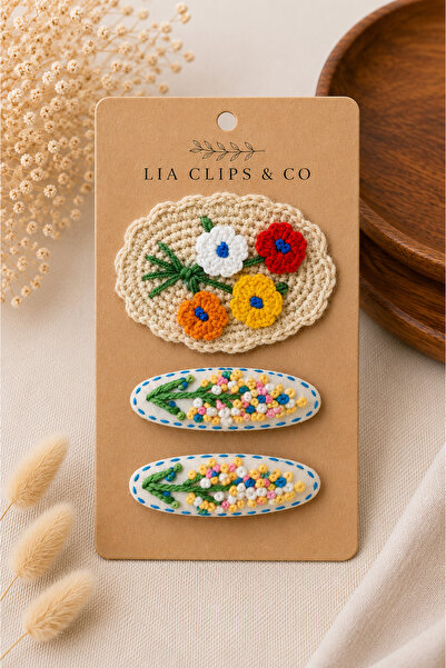 LİA CLİPS CO Handmade Floral Embroidered Children's Hair Clips Set of 3