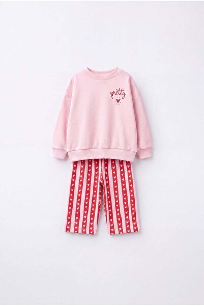 Magu Girl's Cotton Pink Sweatshirt and Red Heart Patterned Striped Tracksuit Set