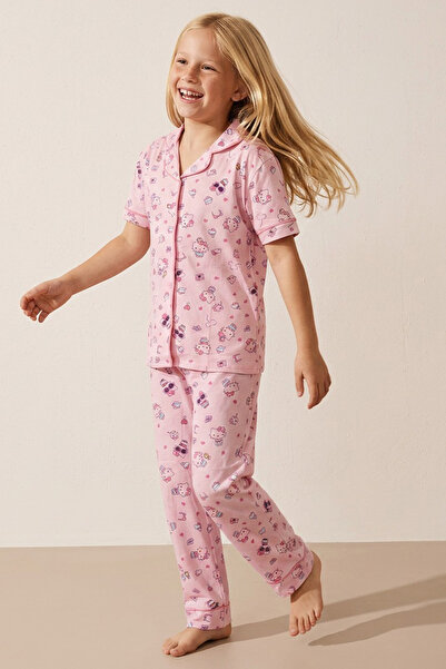 Siyah İnci Hello Kitty Lisanslı %100 Pamuk Pembe Çok Renkli Düğmeli Biyeli Pijama Takım 26120451