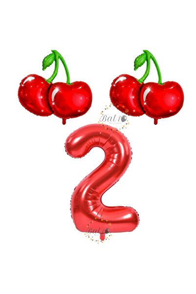 BAL10 DÜNYASI Bal10 Cherry and Red Number Themed Foil Balloon Set Age-2