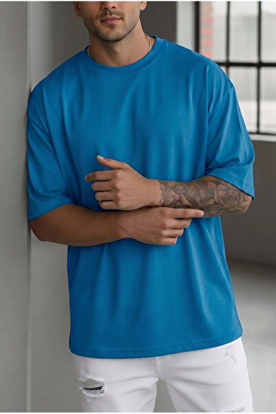 Teenage Millionaire Men's Blue Basic Plain Unprinted Oversize Salas T-Shirt