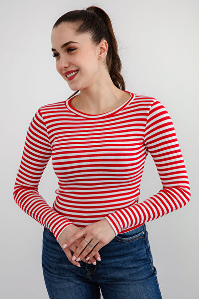 Lafaba Women's Ecru-Red Ribbed Long Sleeve Crop Blouse