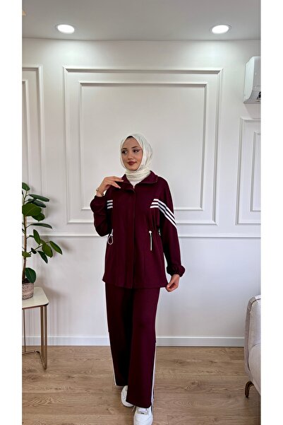 Moda Misali طقم رياضي بتفاصيل مخططة وحزام خصر مطاطي
