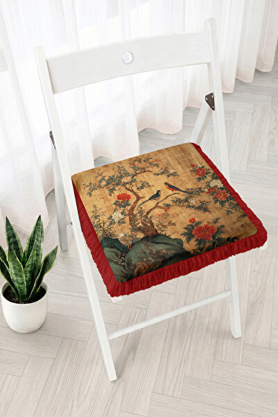 Realhomes Vintage Patterned Fringed Zippered Chair Cushion with Birds and Flo...