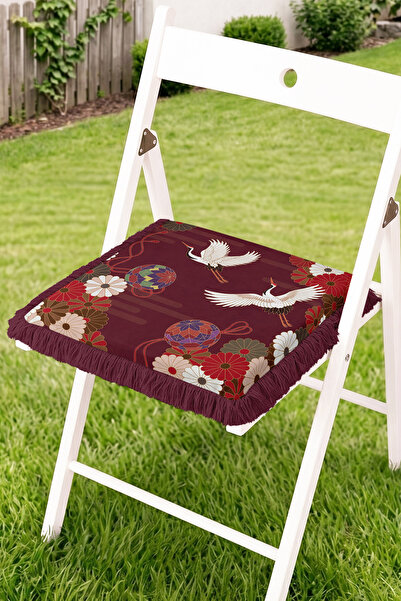 Realhomes Japanese Crane and Floral Motif Fringed Zippered Chair Cushion - Vi...