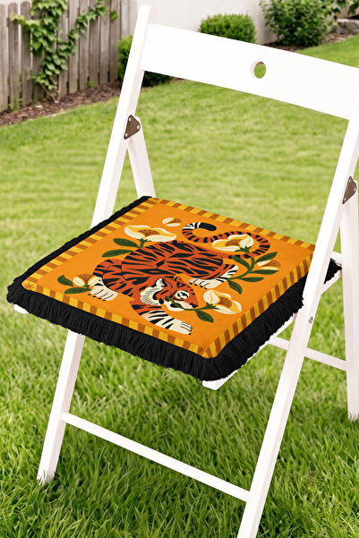 Realhomes Tiger Figured Floral Motif Fringed Zippered Chair Cushion - Retro T...