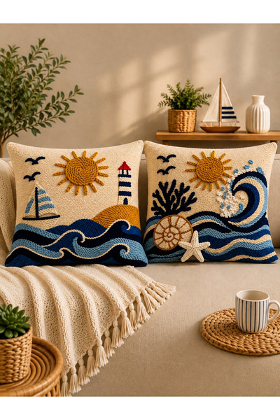 Pillow Home Summer Themed Blue Wave and Sun Pattern Blue Set of 2 Cushion Covers