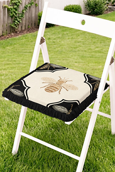 Realhomes Fringed Zippered Chair Cushion with Bee and Leaf Motifs - Modern De...
