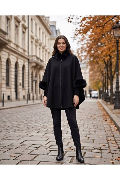 Trend Kapında Fur Detailed Zippered Ajda Women's Poncho
