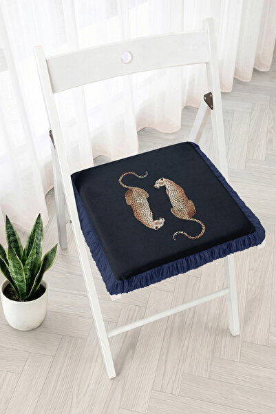 Realhomes Leopard Patterned Double Cat Figured Fringed Zippered Chair Cushion...