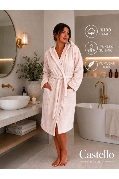 CASTELLO HOME Kapüşonlu Kadın Bornoz, %100 Pamuk | Dayanıklı | Hızlı Kuruma |...