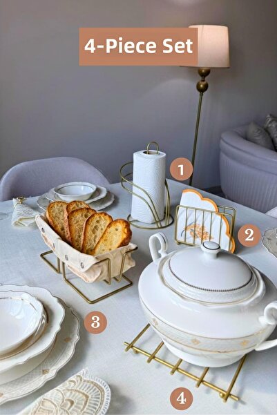Edora Home Set of 4 Matte Gold Rectangular Bread Basket Napkin Holder Swan Na...