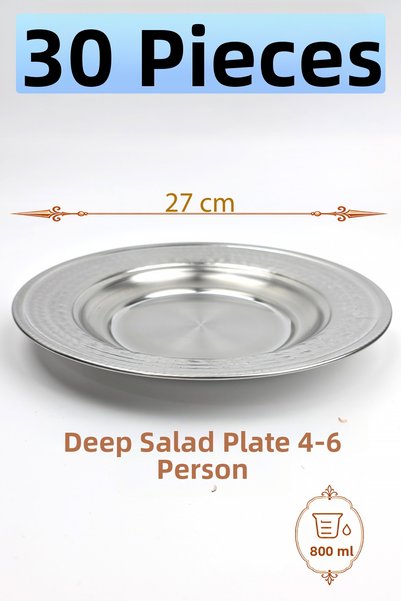 Binbir Trend 27 cm Chrome Steel Deep Salad Plate, 800 ml Stainless Serving Pl...