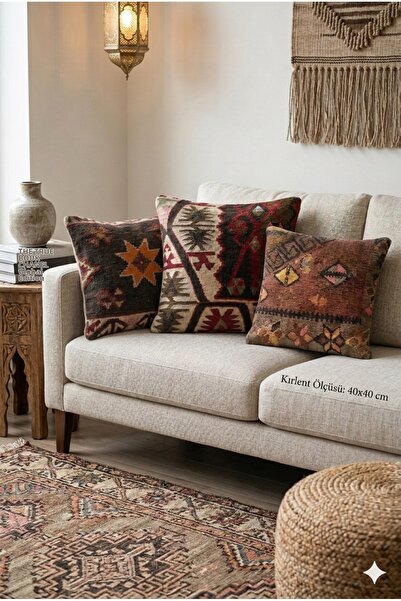 KIRLENT TEKSTİL Ethnic Kilim Patterned Handwoven Decorative Throw Pillow Cove...
